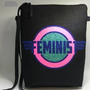 Feminist Black Linen Shoulder Bag Original design Handcrafted Statement Bag